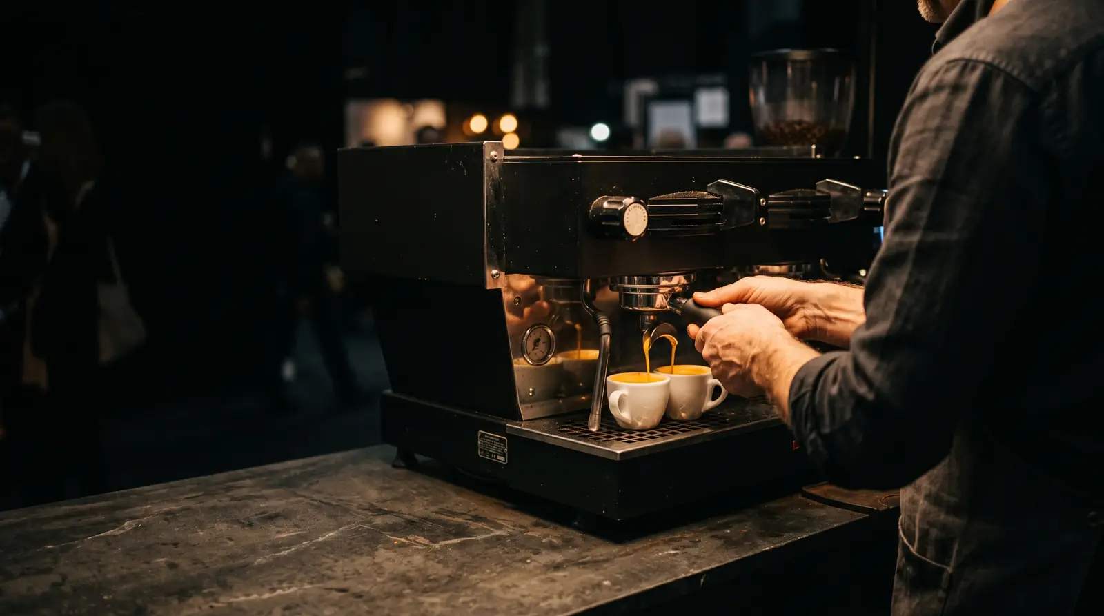 Barista zieht einen Espresso an der mobilen Bar