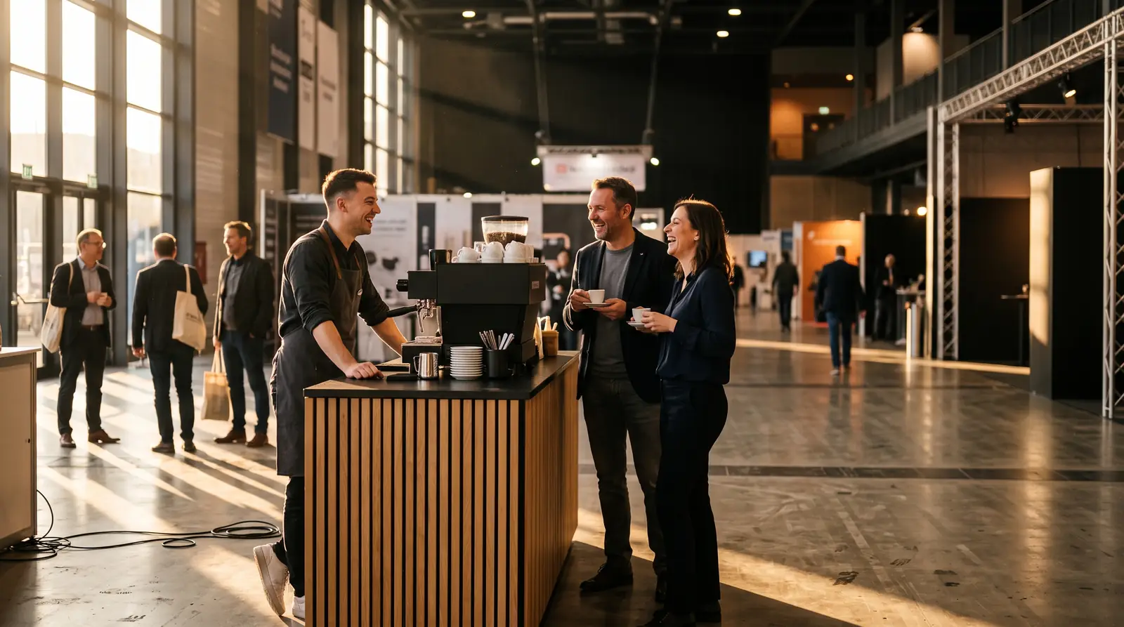 Barista im Gespräch mit Standbesuchern am Ende eines Messetages