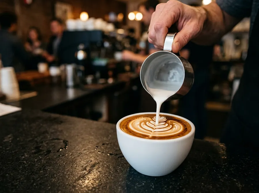 Barista gießt Milch für Latte Art in eine weiße Tasse