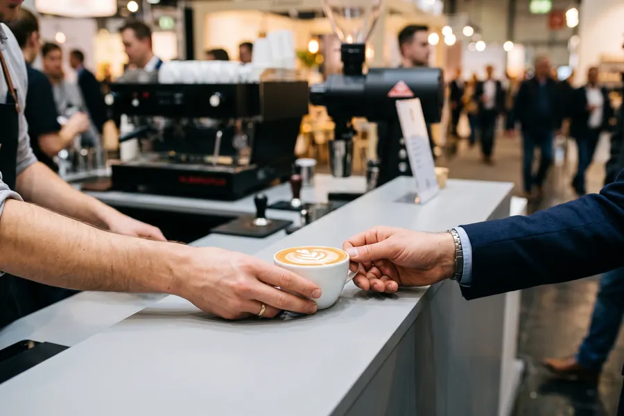 Barista reicht einen Cappuccino über die Theke des Messestands