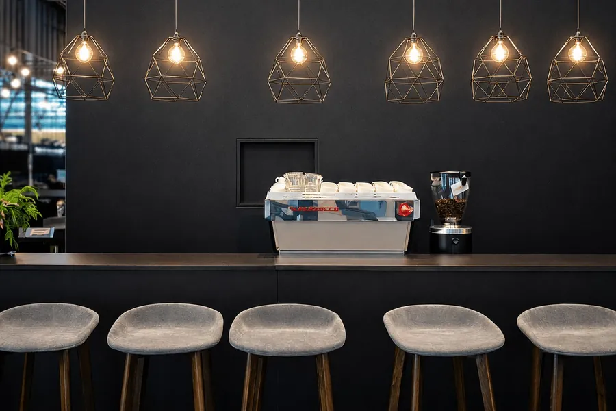 Siebträgermaschine und Mühle der Barista Helden auf der Standtheke eines Messestands