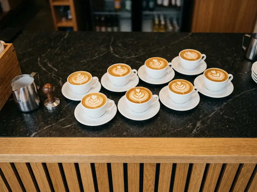 Acht Cappuccino-Tassen mit Latte Art auf dem Natursteintresen
