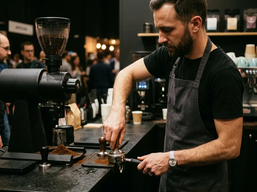 Barista mahlt und tampt frischen Kaffee am Siebträger