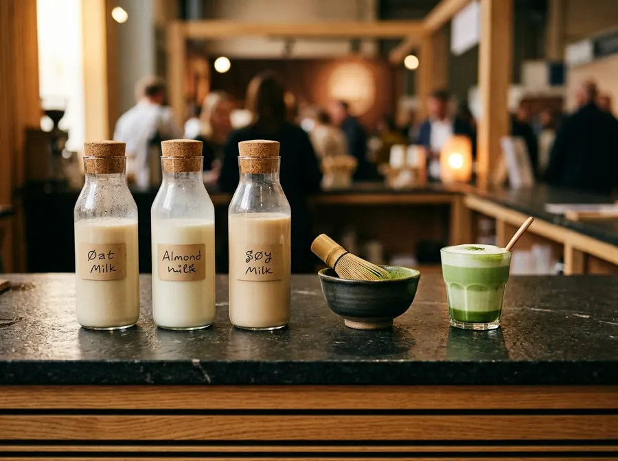 Hafer-, Soja- und Mandelmilch sowie Matcha auf der Bar