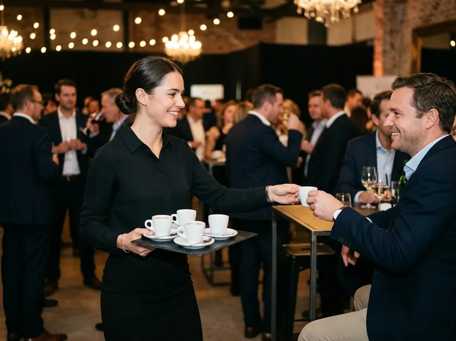Servicekraft reicht Espresso auf einem Tablett bei einem Firmenevent