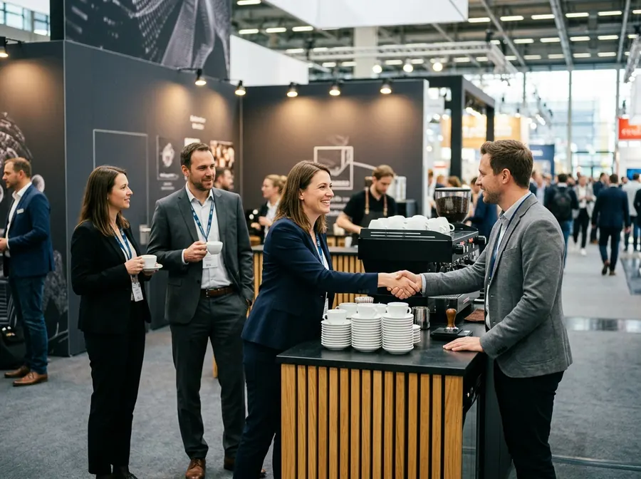 Messestand mit Kaffeebar und Besuchern im Gespräch
