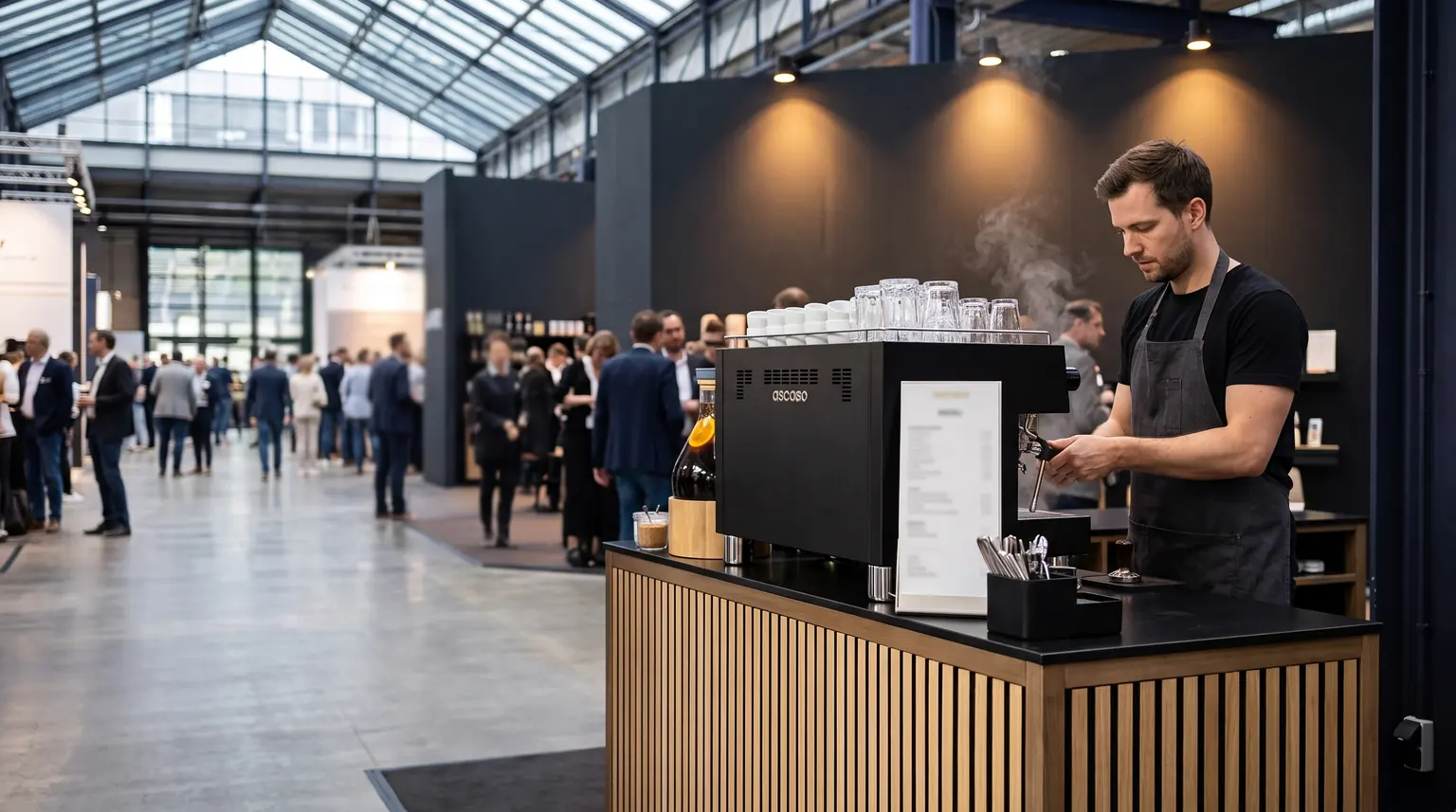 Mobile Siebträger-Bar der Barista Helden mit Barista auf einer Messe