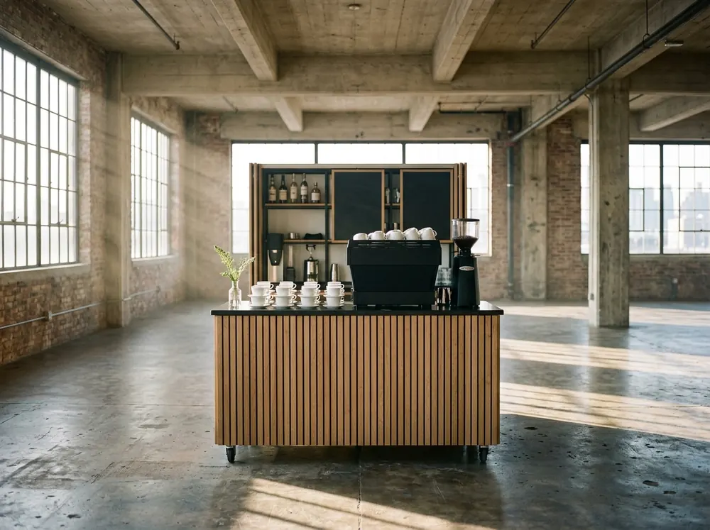 Aufgebaute mobile Kaffeebar in einem hellen Loft, bereit für die Gäste