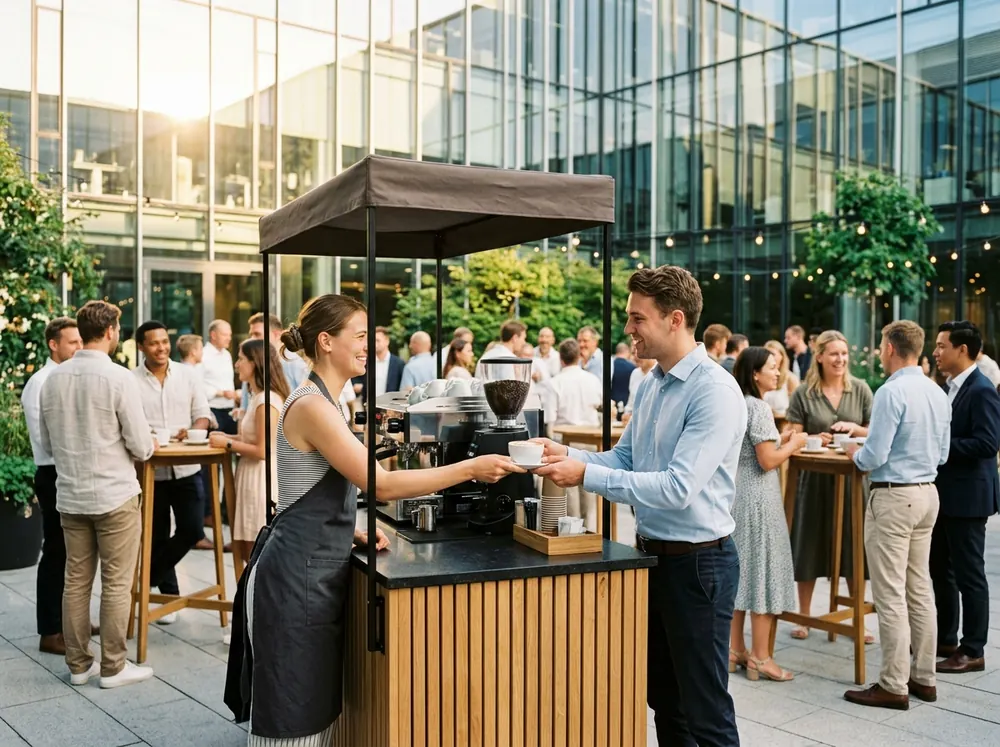 Mobile Kaffeebar bei einem Firmenevent im Innenhof eines Bürogebäudes