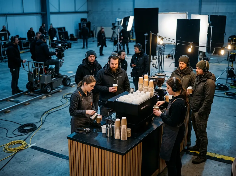 Kaffeebar am Filmset mit Crew-Mitgliedern beim Kaffeeholen