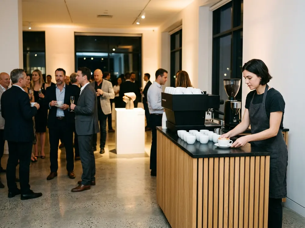 Kaffeebar bei einem Produktlaunch im Showroom mit Gästen in Abendgarderobe